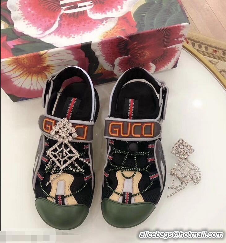 Spot Bulk Gucci Leather and Mesh Reflective Fabric Sandals Crystal 95726 Black 2019