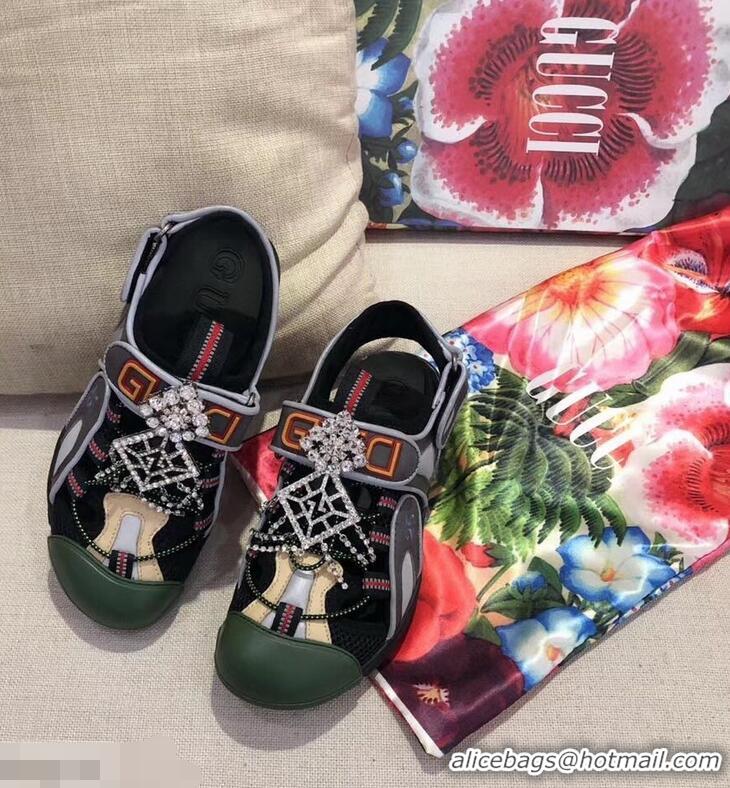 Spot Bulk Gucci Leather and Mesh Reflective Fabric Sandals Crystal 95726 Black 2019