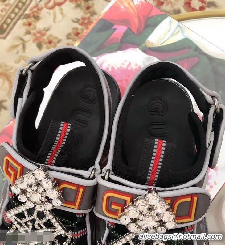 Spot Bulk Gucci Leather and Mesh Reflective Fabric Sandals Crystal 95726 Black 2019