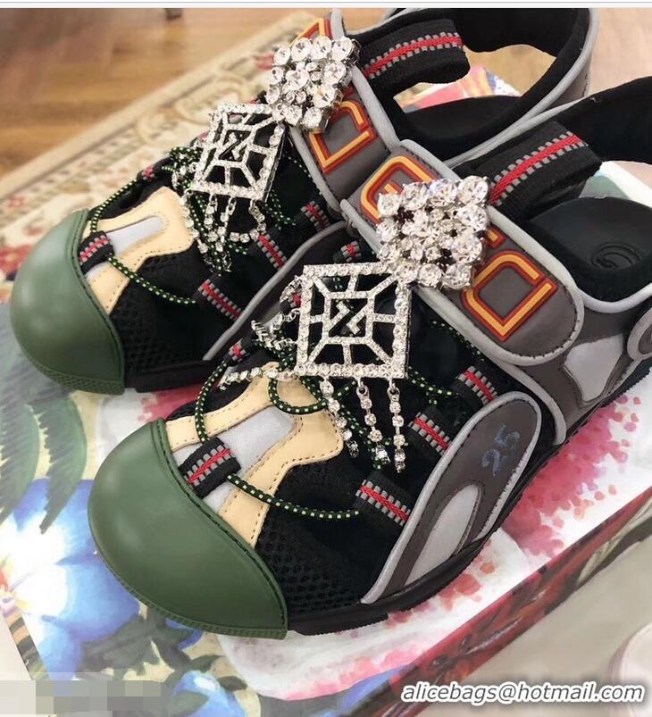 Spot Bulk Gucci Leather and Mesh Reflective Fabric Sandals Crystal 95726 Black 2019