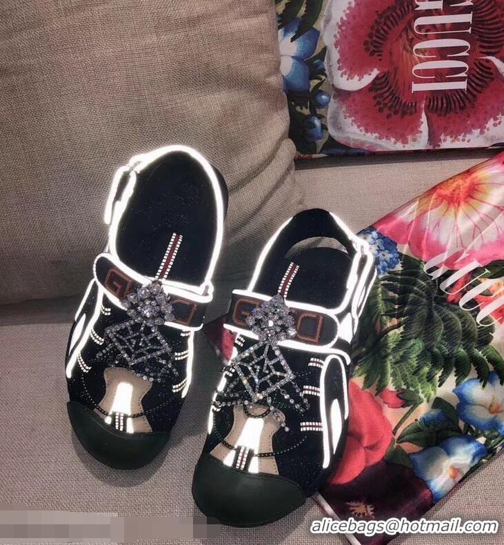 Spot Bulk Gucci Leather and Mesh Reflective Fabric Sandals Crystal 95726 Black 2019