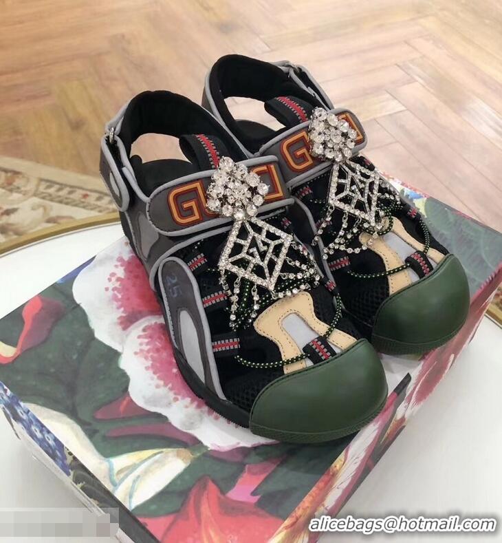 Spot Bulk Gucci Leather and Mesh Reflective Fabric Sandals Crystal 95726 Black 2019