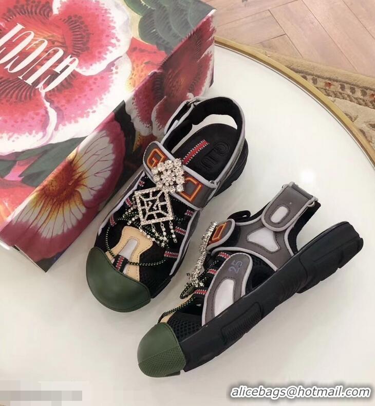 Spot Bulk Gucci Leather and Mesh Reflective Fabric Sandals Crystal 95726 Black 2019