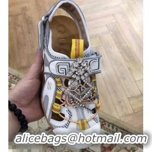 Imitation Gucci Leather and Mesh Reflective Fabric Sandals Crystal 95726 White 2019