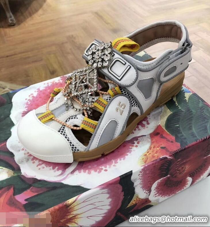 Imitation Gucci Leather and Mesh Reflective Fabric Sandals Crystal 95726 White 2019