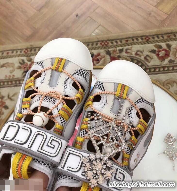 Imitation Gucci Leather and Mesh Reflective Fabric Sandals Crystal 95726 White 2019