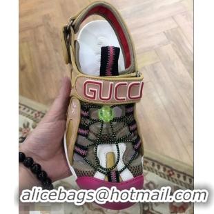 New Fashion Gucci Leather and Mesh Reflective Fabric Sandals 95726 Beige/Fuchsia