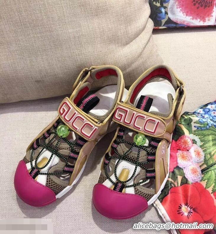 New Fashion Gucci Leather and Mesh Reflective Fabric Sandals 95726 Beige/Fuchsia