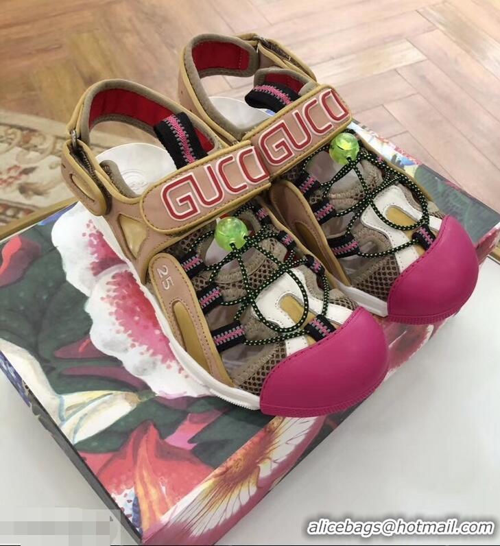 New Fashion Gucci Leather and Mesh Reflective Fabric Sandals 95726 Beige/Fuchsia