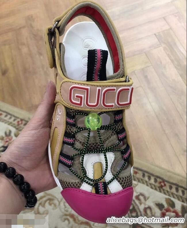 New Fashion Gucci Leather and Mesh Reflective Fabric Sandals 95726 Beige/Fuchsia