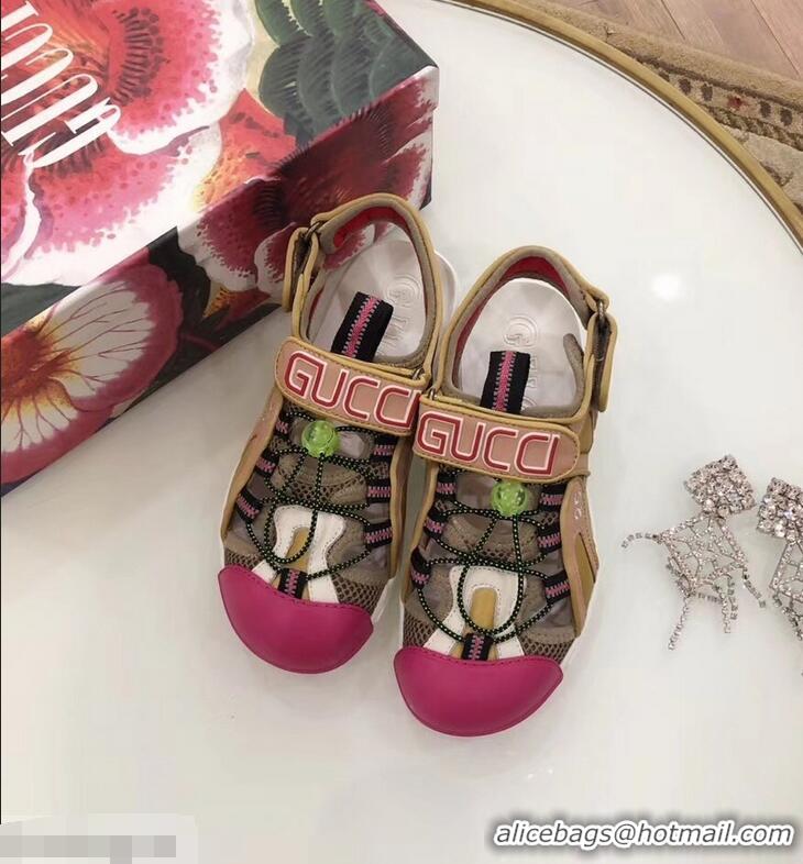 New Fashion Gucci Leather and Mesh Reflective Fabric Sandals 95726 Beige/Fuchsia