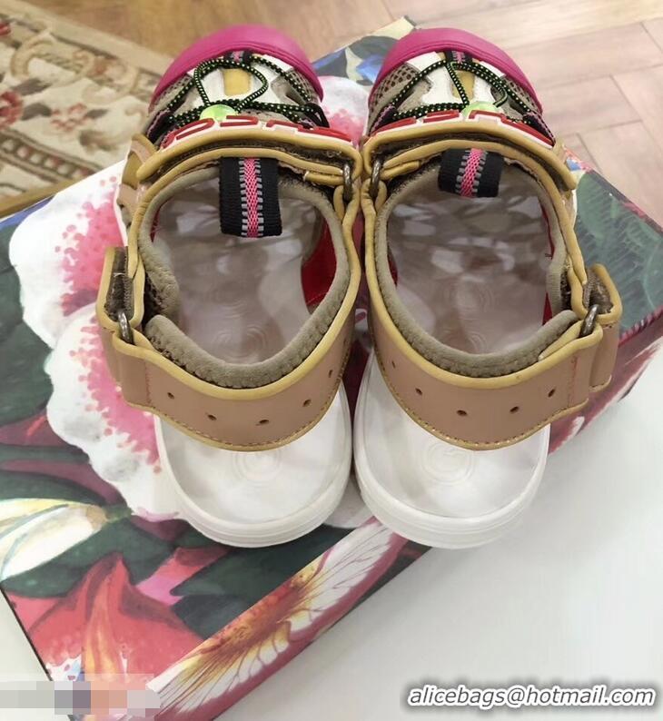 New Fashion Gucci Leather and Mesh Reflective Fabric Sandals 95726 Beige/Fuchsia