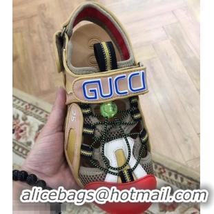 Latest Gucci Leather and Mesh Reflective Fabric Sandals 95726 Beige/Red 2019