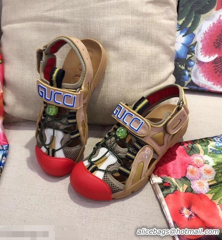 Latest Gucci Leather and Mesh Reflective Fabric Sandals 95726 Beige/Red 2019