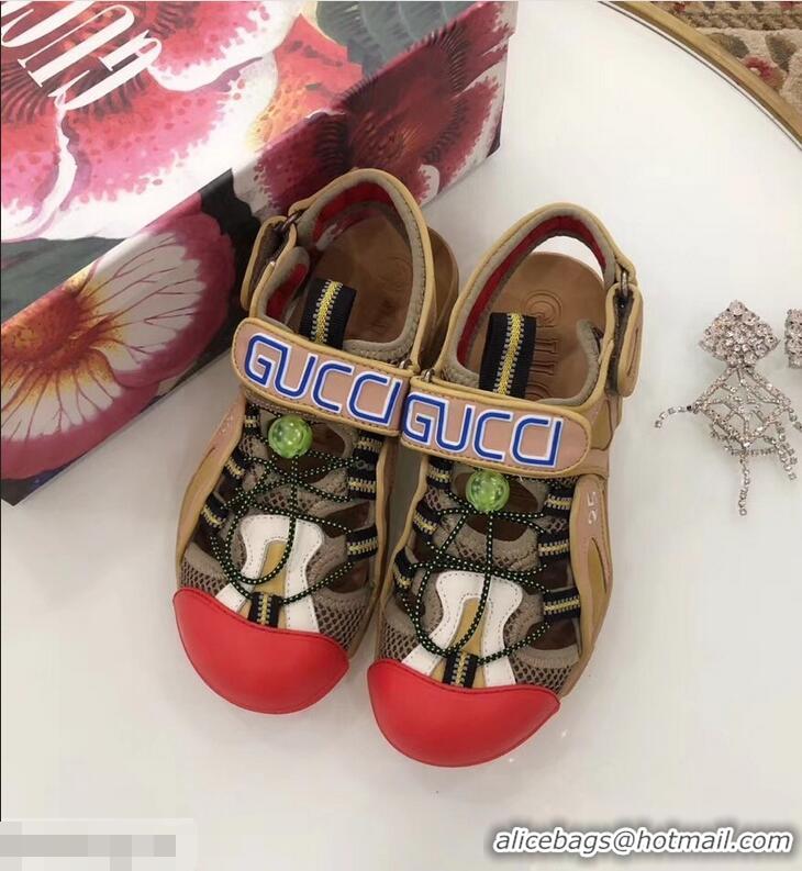 Latest Gucci Leather and Mesh Reflective Fabric Sandals 95726 Beige/Red 2019