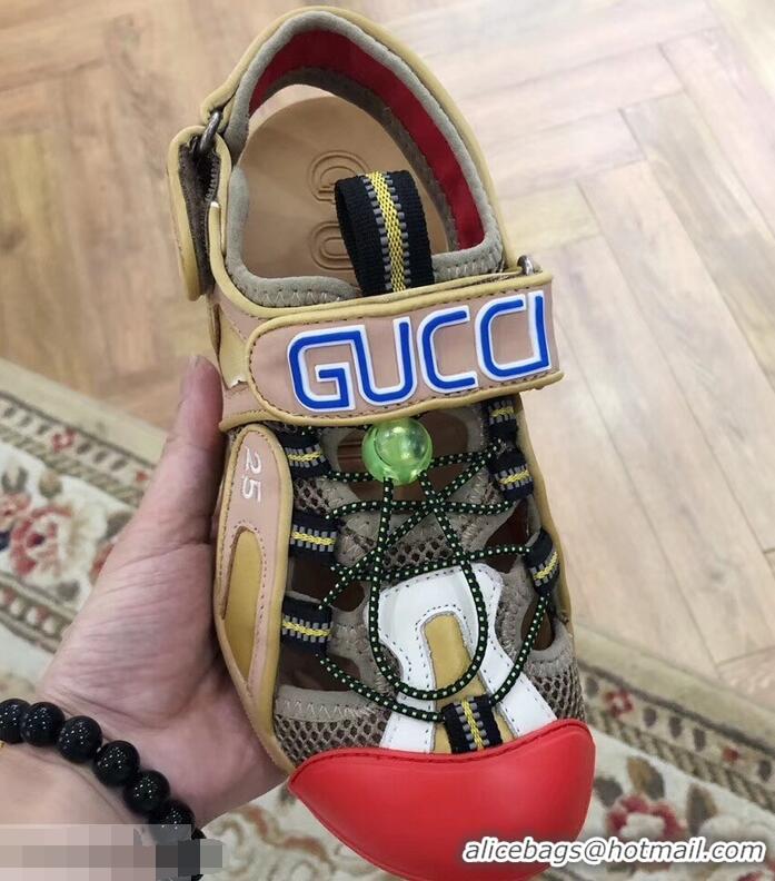 Latest Gucci Leather and Mesh Reflective Fabric Sandals 95726 Beige/Red 2019