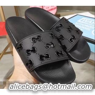 Newest Discount Gucci Rubber GG Slide Sandals 952730 Black 2019