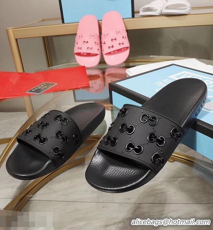 Newest Discount Gucci Rubber GG Slide Sandals 952730 Black 2019