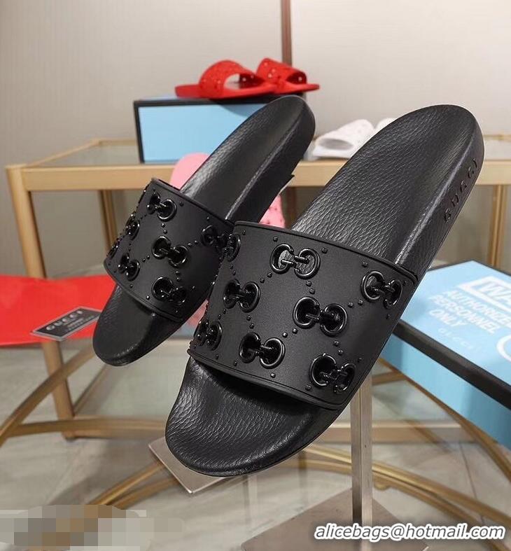 Newest Discount Gucci Rubber GG Slide Sandals 952730 Black 2019