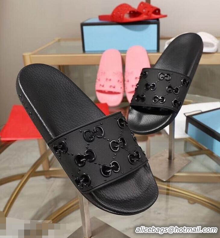 Newest Discount Gucci Rubber GG Slide Sandals 952730 Black 2019