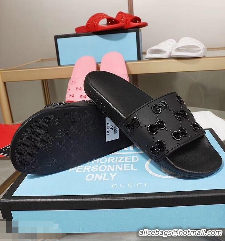 Newest Discount Gucci Rubber GG Slide Sandals 952730 Black 2019