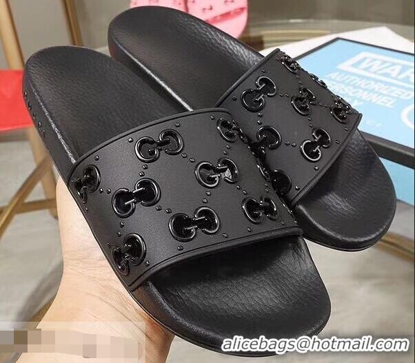 Newest Discount Gucci Rubber GG Slide Sandals 952730 Black 2019