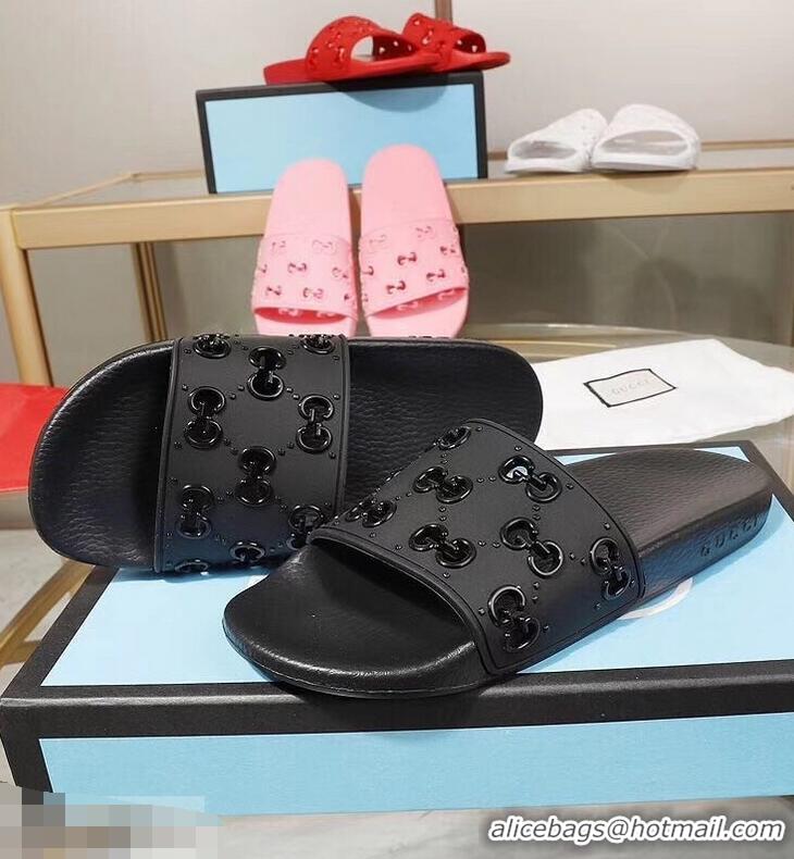 Newest Discount Gucci Rubber GG Slide Sandals 952730 Black 2019