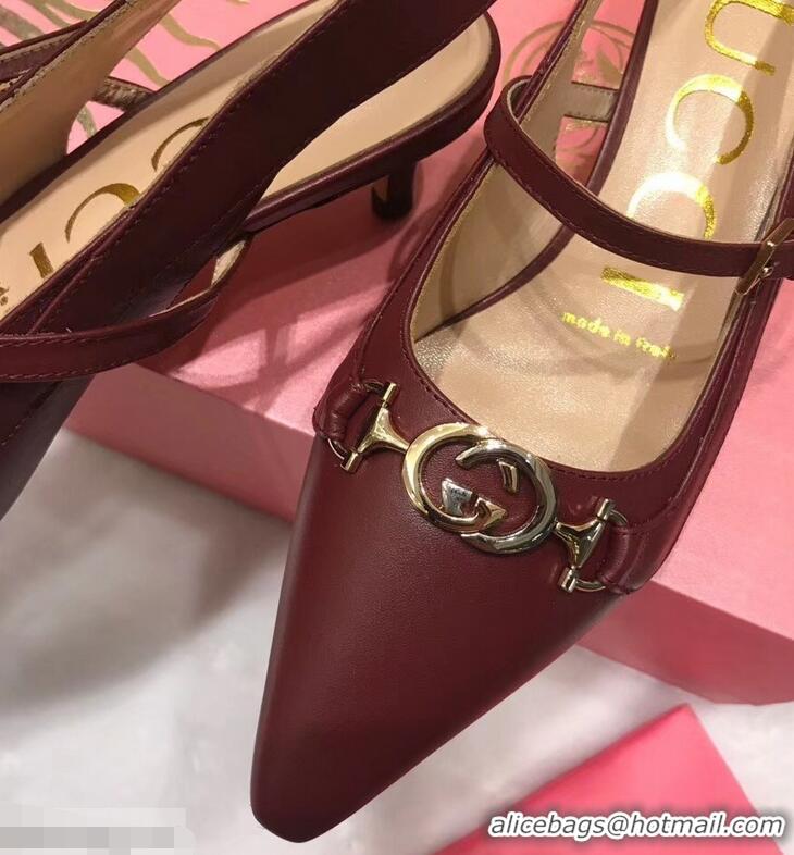 Fashion Ladies Gucci Heel 5.5cm Zumi Leather Pumps 583300 Burgundy 2019