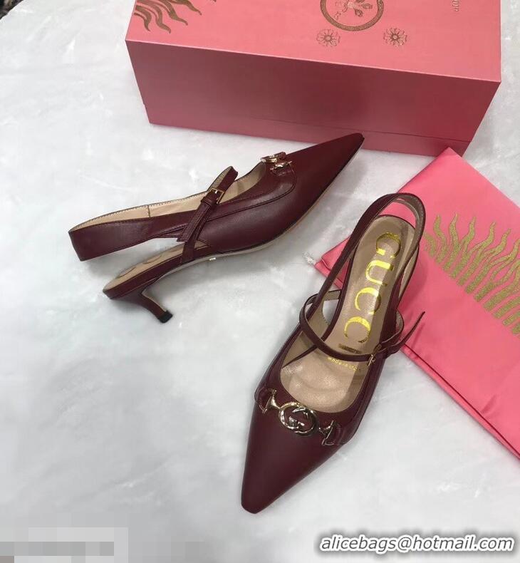 Fashion Ladies Gucci Heel 5.5cm Zumi Leather Pumps 583300 Burgundy 2019