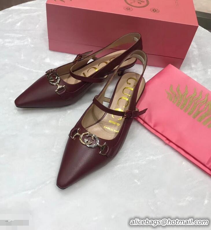 Fashion Ladies Gucci Heel 5.5cm Zumi Leather Pumps 583300 Burgundy 2019