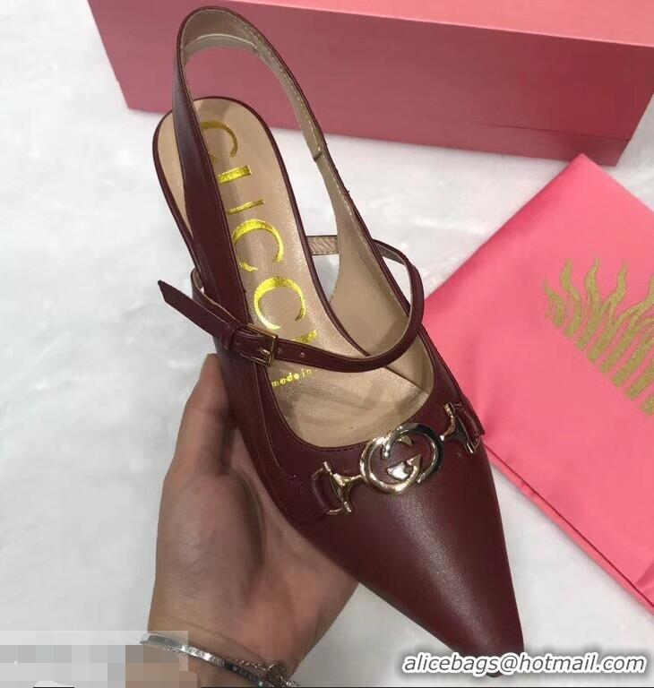 Fashion Ladies Gucci Heel 5.5cm Zumi Leather Pumps 583300 Burgundy 2019