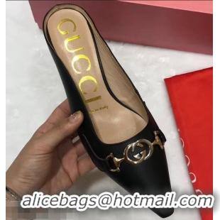 Faux Gucci Heel 5.5cm Zumi Leather Slides 577053 Black 2019