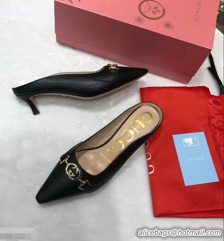 Faux Gucci Heel 5.5cm Zumi Leather Slides 577053 Black 2019