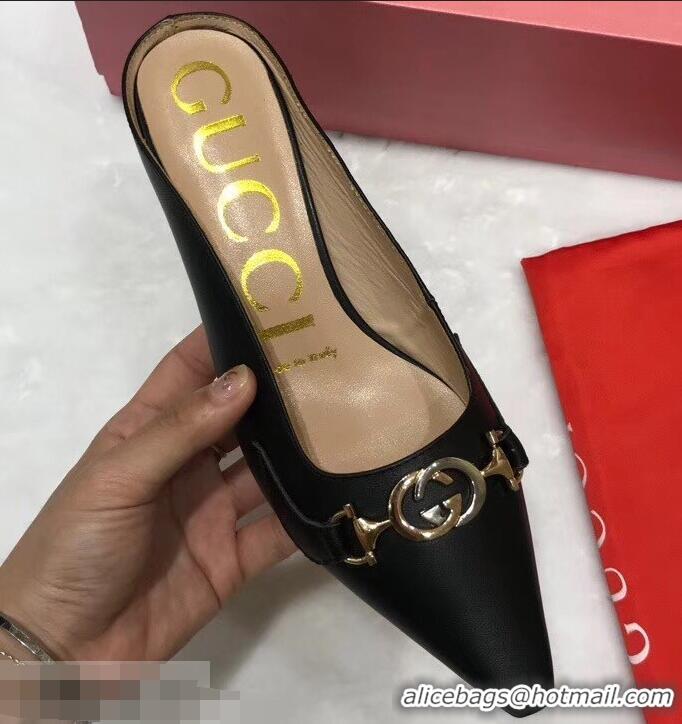 Faux Gucci Heel 5.5cm Zumi Leather Slides 577053 Black 2019