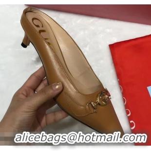 Best Quality Gucci Heel 5.5cm Zumi Leather Slides 577053 Brown 2019