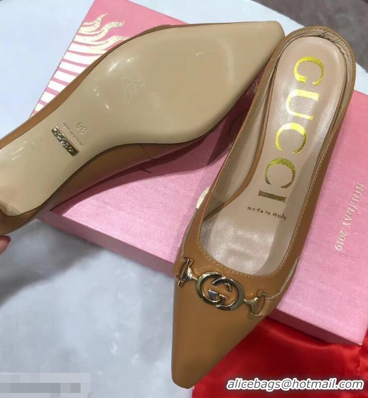 Best Quality Gucci Heel 5.5cm Zumi Leather Slides 577053 Brown 2019