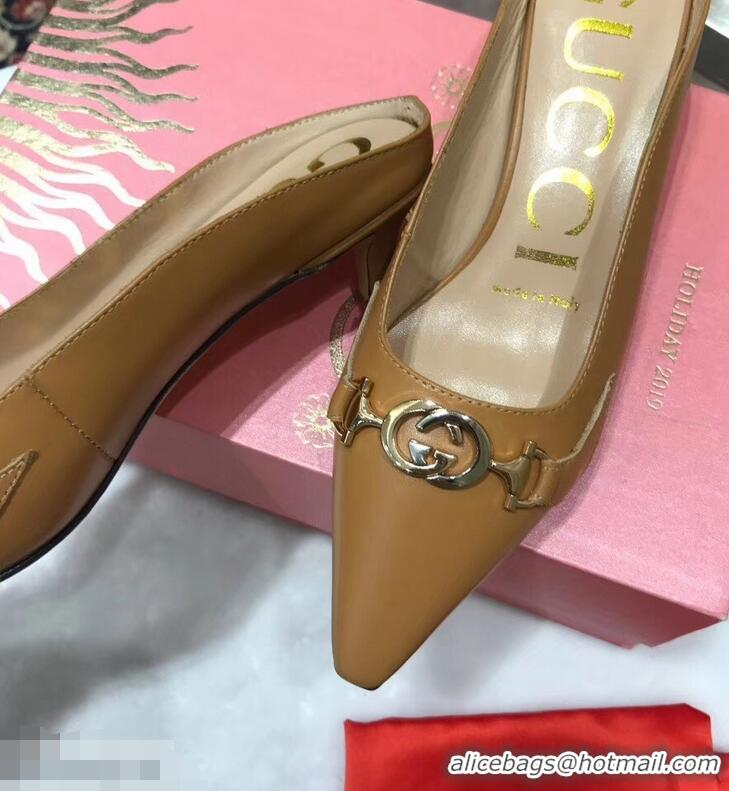 Best Quality Gucci Heel 5.5cm Zumi Leather Slides 577053 Brown 2019