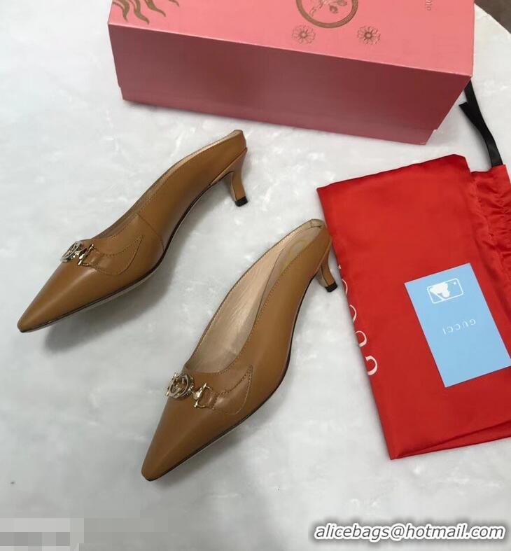 Best Quality Gucci Heel 5.5cm Zumi Leather Slides 577053 Brown 2019