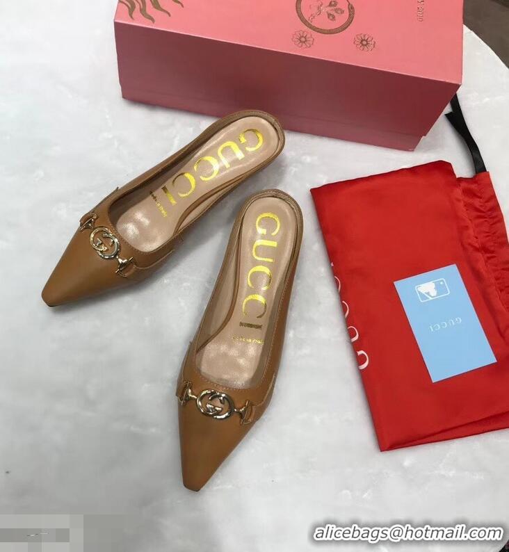 Best Quality Gucci Heel 5.5cm Zumi Leather Slides 577053 Brown 2019