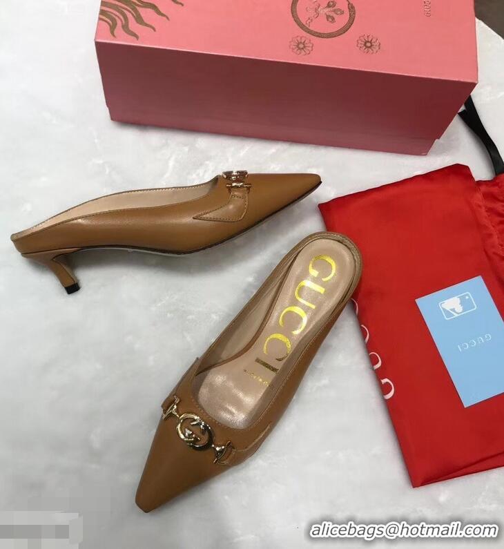 Best Quality Gucci Heel 5.5cm Zumi Leather Slides 577053 Brown 2019