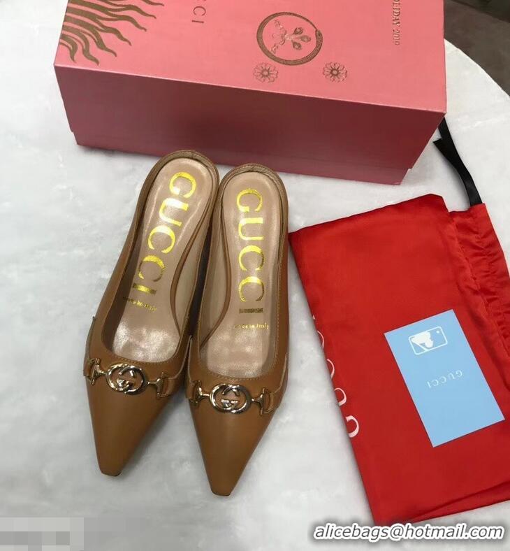 Best Quality Gucci Heel 5.5cm Zumi Leather Slides 577053 Brown 2019