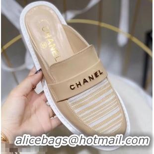 Hot Cheap Chanel X Pharrell Capsule Collection Calfskin Slippers Stripe G95716 Apricot 2019