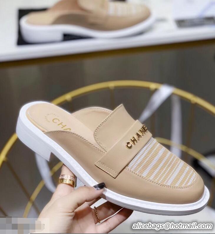 Hot Cheap Chanel X Pharrell Capsule Collection Calfskin Slippers Stripe G95716 Apricot 2019