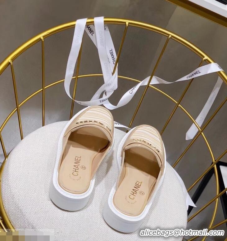 Hot Cheap Chanel X Pharrell Capsule Collection Calfskin Slippers Stripe G95716 Apricot 2019