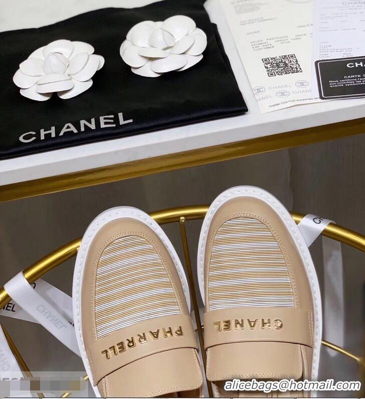 Hot Cheap Chanel X Pharrell Capsule Collection Calfskin Slippers Stripe G95716 Apricot 2019