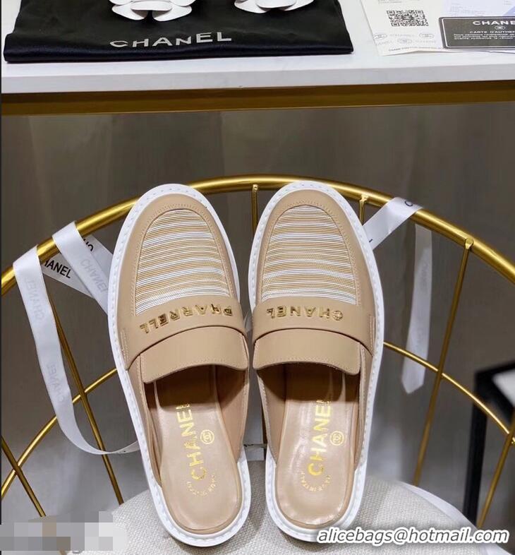 Hot Cheap Chanel X Pharrell Capsule Collection Calfskin Slippers Stripe G95716 Apricot 2019