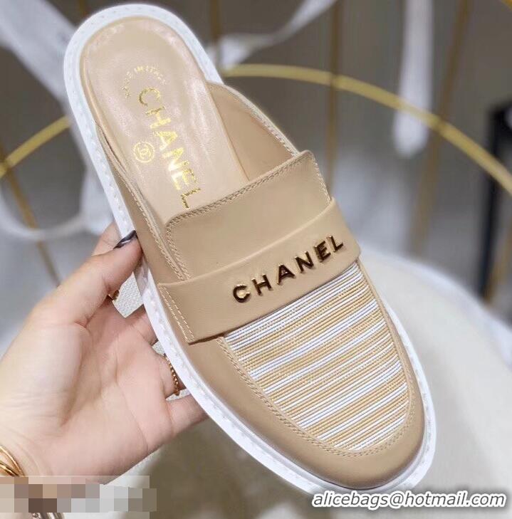 Hot Cheap Chanel X Pharrell Capsule Collection Calfskin Slippers Stripe G95716 Apricot 2019