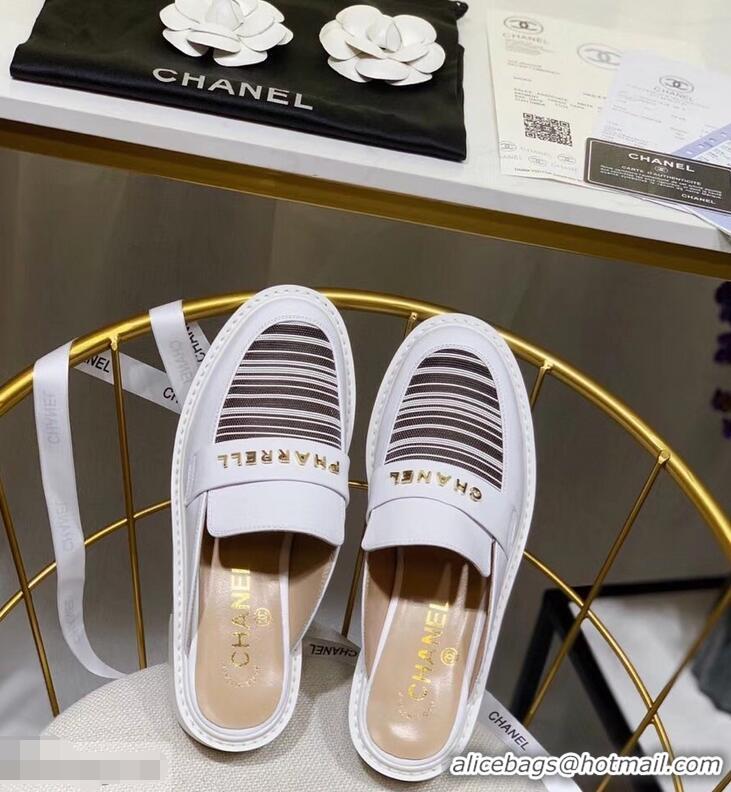 Imitation Chanel X Pharrell Capsule Collection Calfskin Slippers Stripe G95716 White 2019