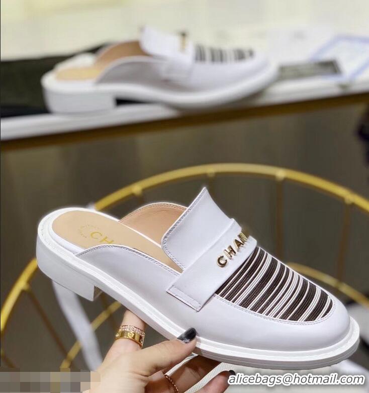 Imitation Chanel X Pharrell Capsule Collection Calfskin Slippers Stripe G95716 White 2019