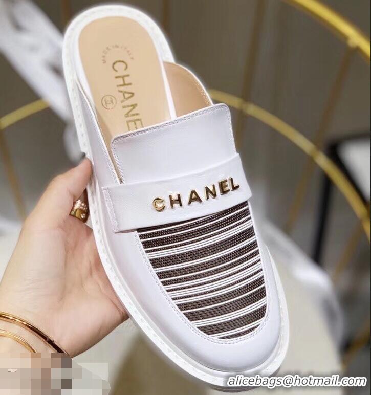 Imitation Chanel X Pharrell Capsule Collection Calfskin Slippers Stripe G95716 White 2019